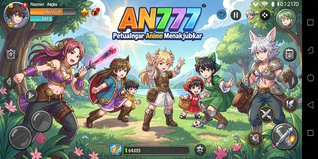 Screenshot AN777 menunjukkan aksi seru dari karakter anime heroik.