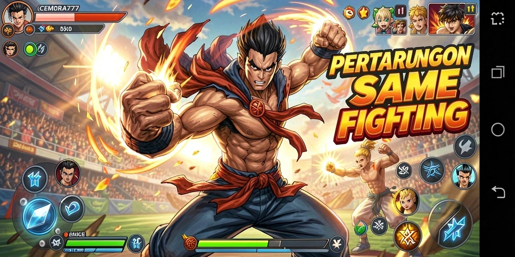 Screenshot utama CEMARA777 yang menampilkan aksi pertarungan seru.