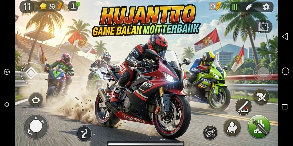 Tangkapan layar menampilkan aksi balapan motor yang intens dalam HUJANTOTO.
