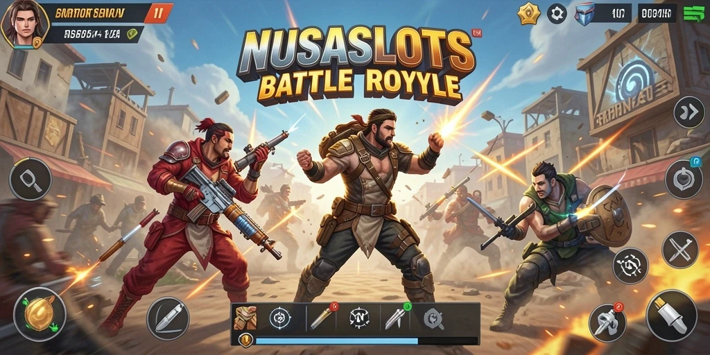 Tampilan gameplay mendebarkan dari NUSASLOTS dalam arena Battle Royale.