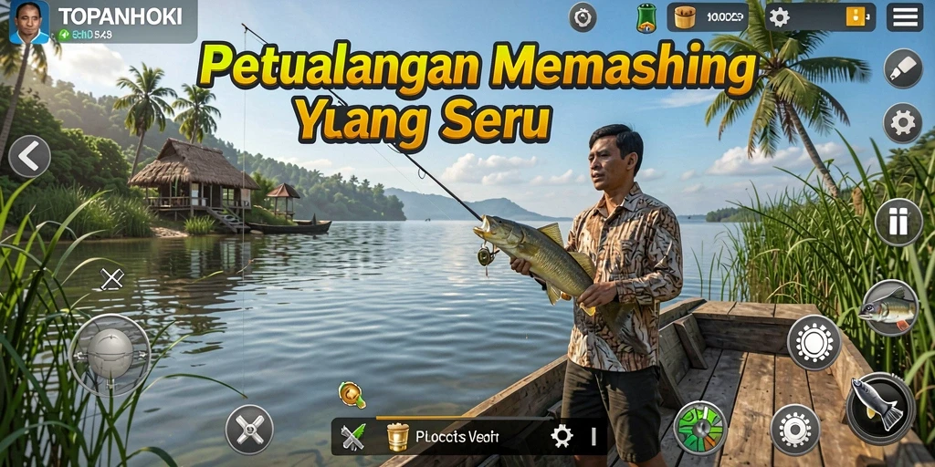 Screenshot gameplay yang menampilkan petualangan memancing seru di TOPANHOKI.