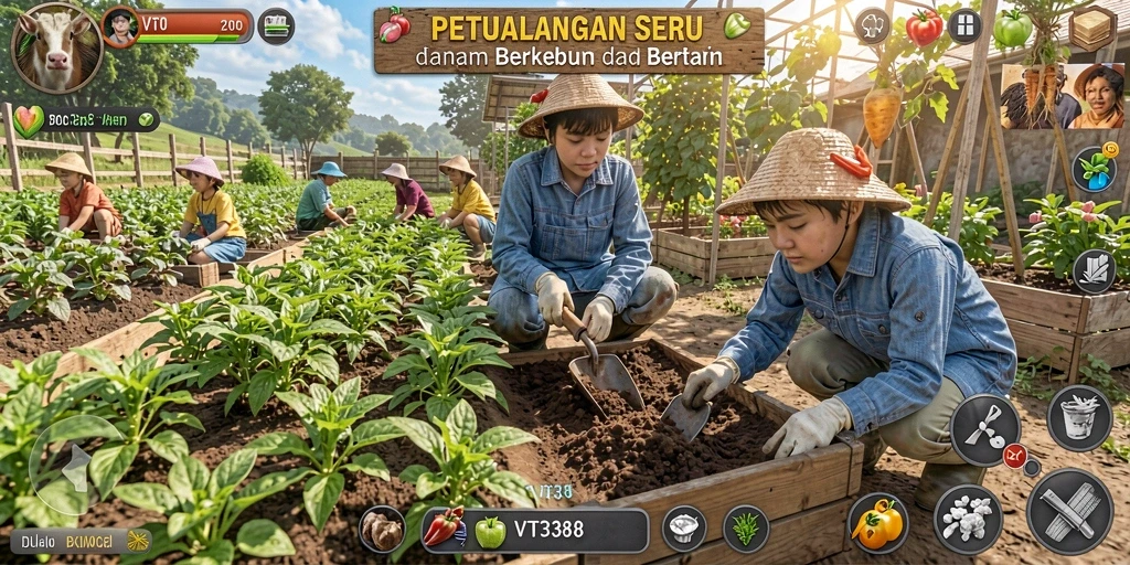 Screenshot gameplay VT38 menunjukkan aktivitas bertani yang seru dan interaktif.